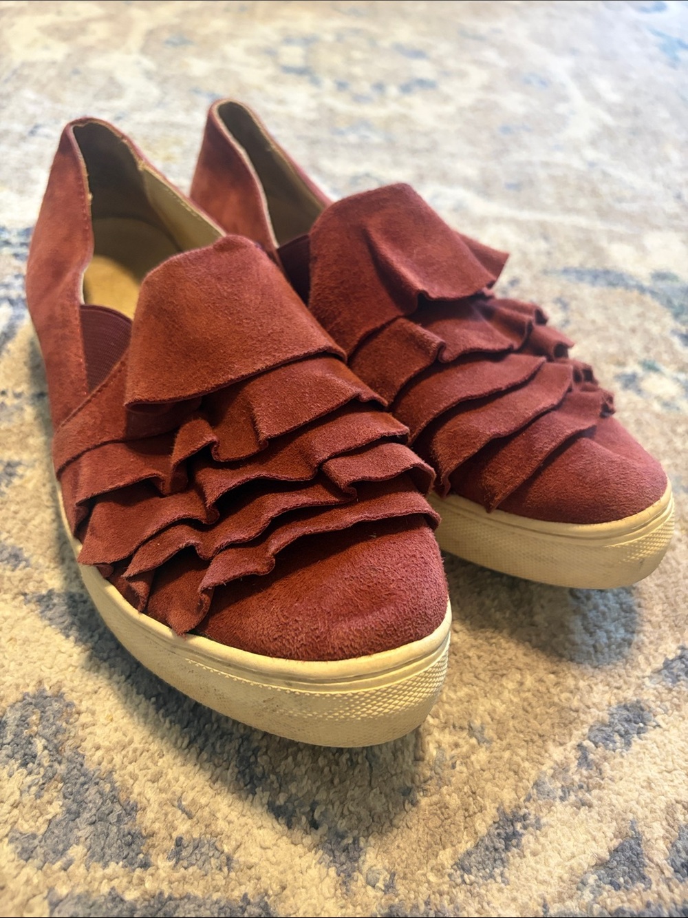 Seychelles Ruffled Slip-On Sneakers in Burgundy Red Suede Leather